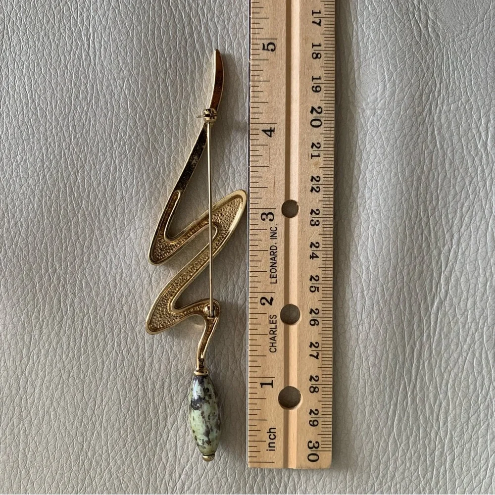 Vintage Abstract Gold Tone Brooch w/ Green Stone Accent Statement Pin Art Deco